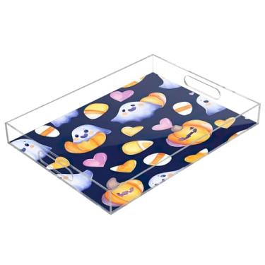 Imagem de xigua Bandeja de servir de acrílico fantasma de Halloween com alças à prova de derramamento, bandejas decorativas de festa de Halloween, bandeja organizadora de bancada para banheiro, cozinha, 30,5 x