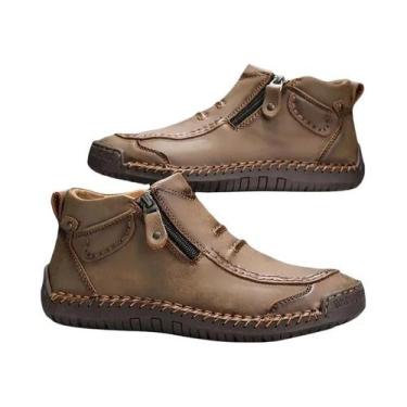 Imagem de Tênis De Couro Masculino Feito À Mão Com Zíper, Botas Casuais Planas P