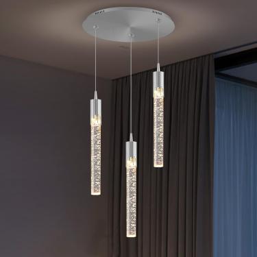 Imagem de Mini Lustre De Cristal Dourado Integrado Led Pingente De Luz Para Ilha De Cozinha 3 Lustres De Luz Pingente De Iluminação Com Controle Remoto, Silver, 3-Light