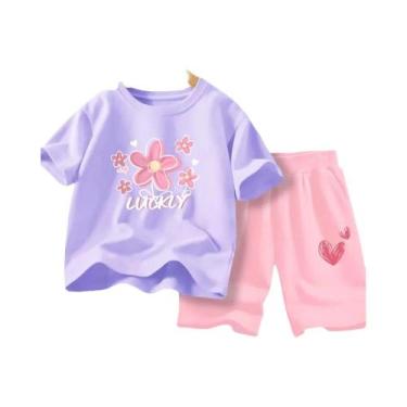 Imagem de Conjunto De Roupas De Verão Para Meninas Camiseta Com Flores E Shorts 
