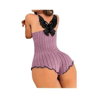 Imagem de Pijamas De Verão Femininos Macacão Com Bordado De Borboleta E Renda, R