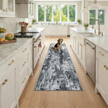 Imagem de RELEANY Tapetes laváveis 5 x 18 cm, modernos, abstratos, macios para sala de estar, entrada, quarto, berçário, estampa estampada, preto e cinza