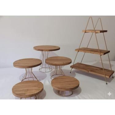 Imagem de Kit Boleira Festa com Prateleira Decorativa Escadinha – Kit Decoração Mesa com 5 Boleiras em Madeira Pinus para Festa Aniversário e Casamento(rustico)