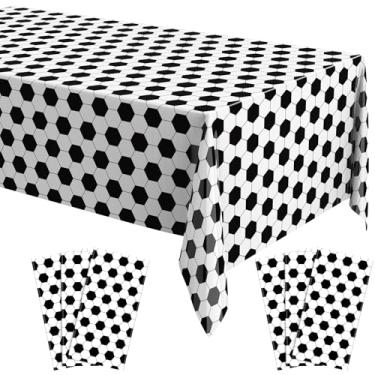 Imagem de Oudain 6 peças de toalha de mesa retangular para festa de futebol, 137 x 272 cm, toalha de mesa descartável, plástico, temática esportiva, para dia de futebol, aniversário, lembrancinhas (preto