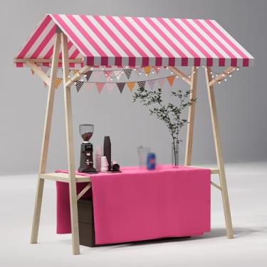 Imagem de Carrinho dobrável portátil com dossel – Suporte de madeira de 190 cm para mercado de fazendeiros, comida de rua e eventos - Rack de exibição ajustável com toalha de mesa (rosa, G 120 cm)