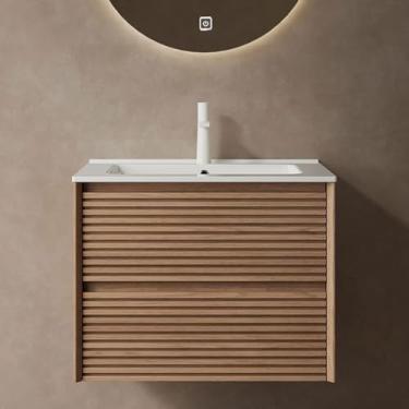 Imagem de Armário flutuante para pia de banheiro com gavetas de extensão completa - Vaidade independente montada na parede para banheiro em espaços pequenos - Armazenamento de alça oculta fácil de limpar