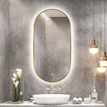 Imagem de Espelho de banheiro de LED oval - Espelho de maquiagem retroiluminado regulável com 3 temperaturas de cor - Moldura de liga de alumínio - Ideal para luminárias de parede de banheiro