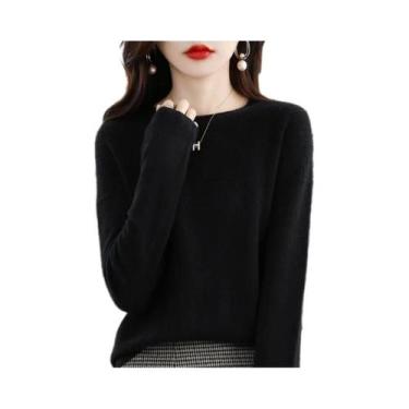 Imagem de Suéter Feminino De Lã Merino 100% Tricotado Com Gola Redonda E Detalhe