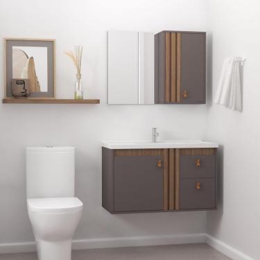 Imagem de Gabinete Para Banheiro Olivia 80cm Suspenso Preto/jequitibá