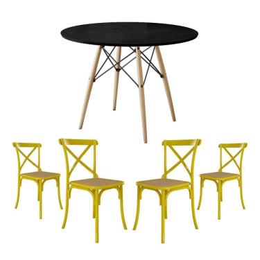 Imagem de Conjunto De Mesa Eiffel Redondo Tampo De Madeira 90Cm Preto Com 4 Cadeiras Katrina Amarelao