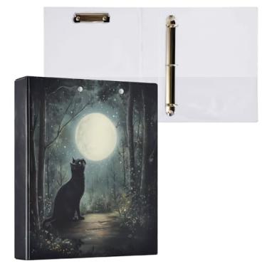 Imagem de Fustylead Fichário de gato preto no caminho da floresta olhando para a lua com 3 anéis, pasta de capa dura de 3,8 cm com prancheta e 3 bolsos transparentes, comporta 200 folhas de papel tamanho A4
