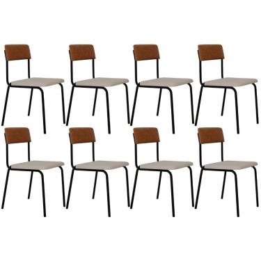 Imagem de Kit 08 Cadeiras Estofada Para Sala De Jantar Sense Preto C01 Linho Palha Courino Caramelo - Lyam Decor