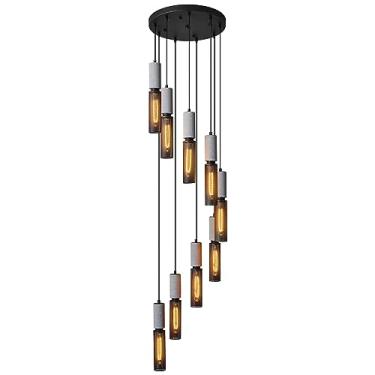 Imagem de ADCTHOME Luminária pendente preta linear de concreto de 9 luzes com uma sombra de malha de metal, escada, lustre grande, lobby, sala de estar, quarto, hall de entrada, lustre de teto alto