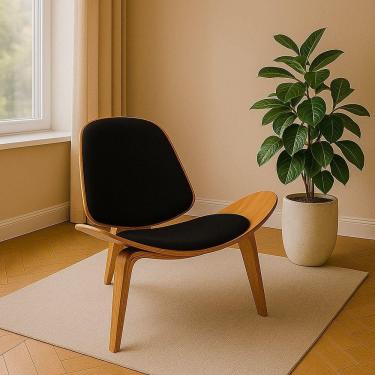 Imagem de Poltrona Decorativa Base De Madeira Shell Linho P01 - D`rossi Cor Preto