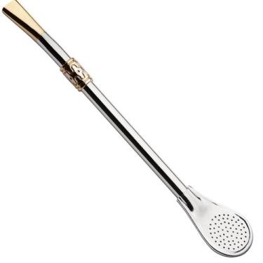 Imagem de Bomba De Chimarrão Bocal Dourado Ferro Cinza Bojo Pera 19cm - Taumer