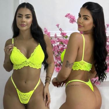 Imagem de Conjunto Langerie sexy Sem Bojo Calcinha Fio Rendada Sensual Sem Ferri