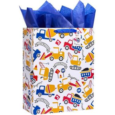 Imagem de Sacola de presente, tema de caminhão, papel de cartolina branca grande