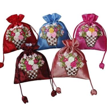 Imagem de Conjunto de sacolas de presente, fita bordada à mão, cetim, floral x5 
