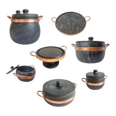 Imagem de Jogo Cozinha 8 Un Panelas Pedra Sabão Mantém Sabor Alça de Cobre