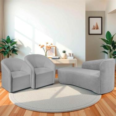 Imagem de Kit Sofá Curvo França 140cm L.e E 2 Poltronas Luiza Max Conforto, Elegância E Design Moderno Linho Cinza Claro