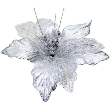 Imagem de Kit 12 Flores Artificiais Decoração Natal Prata Glitter 30cm