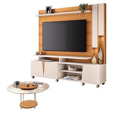 Imagem de Estante Home Theater Virtus Cinamomo Off White com Mesa de Centro Sky com Tampo de vidro Cinamomo - HB Móveis