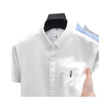 Imagem de Camisa De Algodão Masculina De Verão Com Manga Curta, Cor Sólida, Bord