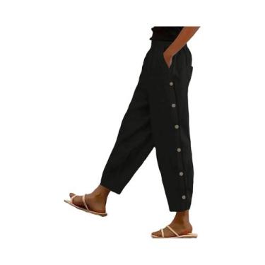 Imagem de Calças Casuais Femininas plus Size Azul Escuro Com Botões, Confortávei
