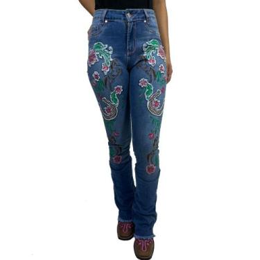 Imagem de Calca Jeans Bordada Com Flores Feminina Bill Way, Azul, 42