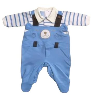 Imagem de Macacão Luxo Bebe Algodão Plush Azul Suspensório Carinha de Urso - Man