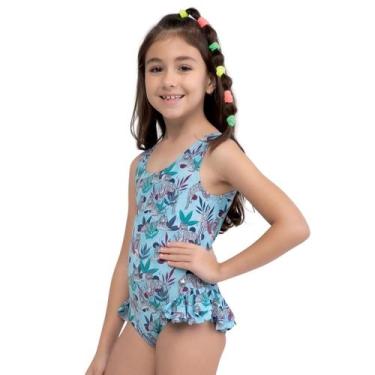 Imagem de Maiô Infantil Praia She Babadinho Estampado Secagem Rápida, Azul claro