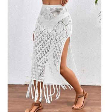 Imagem de Saia Sarong Feminina De Tricô Texturizado Com Fenda Alta E Franjas, Sa