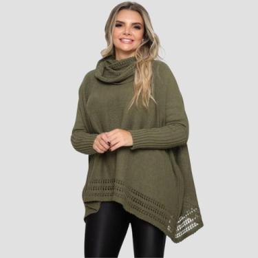 Imagem de Poncho Feminino Tricot Mousse Liso Gola Alta Casaco Lã Inverno - GIP, 
