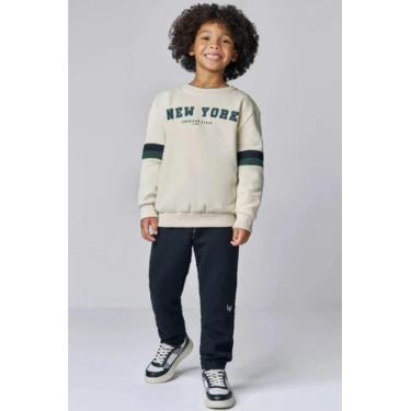 Imagem de Conjunto Menino Moletom Flanelado Blusa Calça jogger Luc.Boo, Bege, Pr