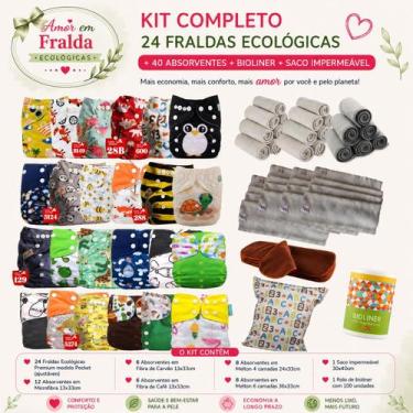 Imagem de Kit Completo 24 Fraldas Ecológicas Premium  40 Absorventes Alta Absorç