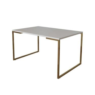 Imagem de Mesa De Jantar Industrial Retangular Branca 120X75Cm Base Dourada - CA