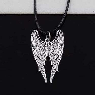 Imagem de EDCRFV Colar pingente de prata tibetana asas de anjo pingente cordão de couro preto feito à mão