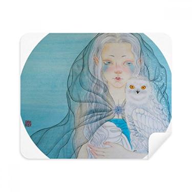 Imagem de Limpador de tela azul branco coruja menina estilo chinês aquarela pano de limpeza 2 peças tecido de camurça