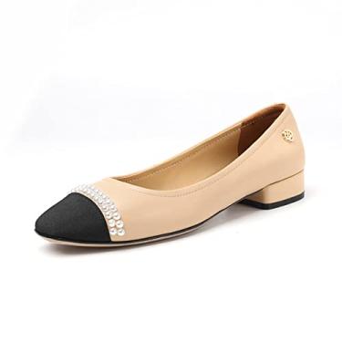 Imagem de Sapatos femininos grossos de salto baixo bloco alto bico fechado sapatos pontiagudos, salto alto grosso, sapatos de casamento para casual, trabalho, festa, bege, 35 EU/4 US