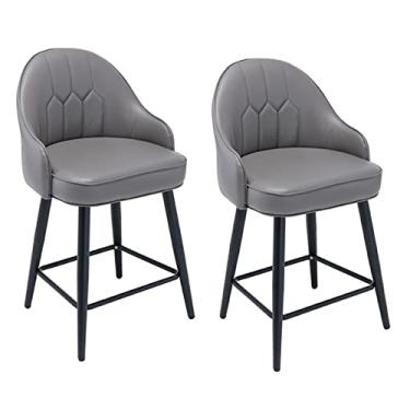 Imagem de Cadeira Ilha Cinza Bancos Altos Com Encosto Conjunto De 2 Bancos Altos Com Encosto Ergonômico, Assento Redondo Em Couro Nappa Metal Preto Com Pedais, Para Bares, Pubs, Ilha De Cozinha