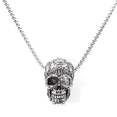 Imagem de Colar de caveira para homens, colar com pingente de cabeça de caveira viking com corrente de 65 cm, colar de caveira de vampiro vintage Halloween, colar amuleto de totem de caveira gótico, presente de joias de caveira punk para homens meninos, Metal, Não conhecido