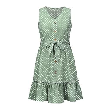 Imagem de Vestido feminino com decote em V evasê vestido de festa de verão sem mangas com botão de praia vestido de saia curta, verde, GG