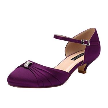 Imagem de ERIJUNOR Tênis de casamento feminino confortável salto baixo fivela tira no tornozelo tingível cetim noiva, Roxa, 10