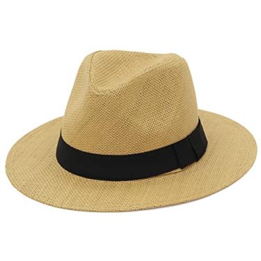 Imagem de GEMVIE Chapéu Panamá de palha de verão chapéu de sol Fedora de aba larga chapéu de palha para homens e mulheres, Caqui, 7-7 1/4