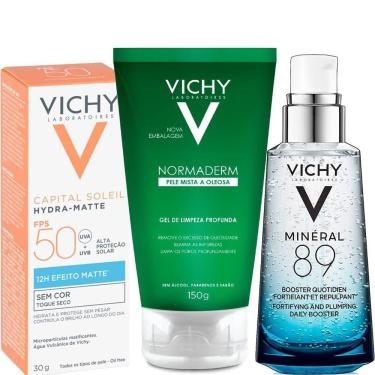 Imagem de Kit Rotina para Pele Oleosa Vichy Protetor Solar FPS 50 Gel de Limpeza Profunda e Hidratante Facial Minéral 89