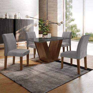 Imagem de Conjunto Sala de Jantar Mesa 120x80cm Tampo MDF/Vidro com 4 Cadeiras Espanha Yescasa  Chocolate/Off White/Suede Cinza