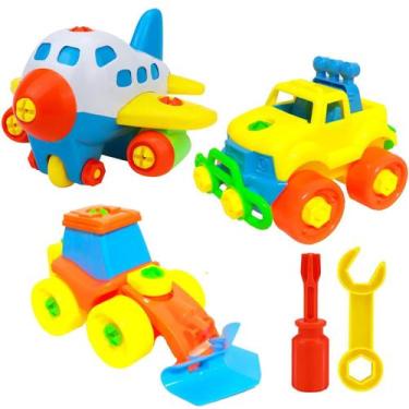 Imagem de Kit Três Brinquedos De Montar Educativos Avião Caminhonete E Trator -
