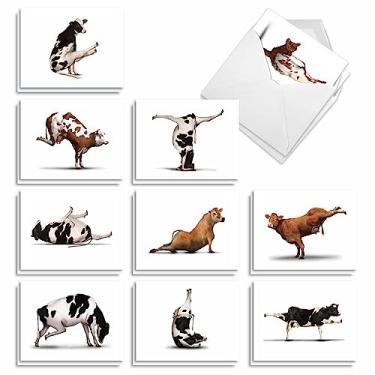 Imagem de The Best Card Company - 20 cartões de animais de ioga em branco (10 x 5,12 polegadas) - Conjunto infantil para todas as ocasiões (10 designs, 2 cada) - Nirvana bovino AM6545OCB-B2x10