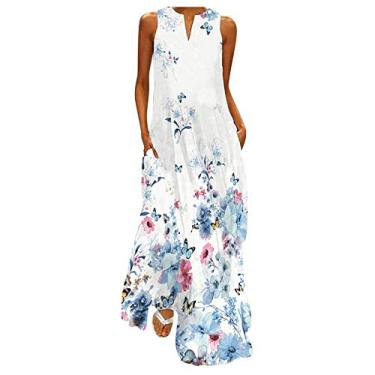 Imagem de Elogoog Vestido maxi solto de verão feminino elegante 2024 floral praia boho moderno decote em V sem mangas vestidos rodados evasê, Branco-h, M