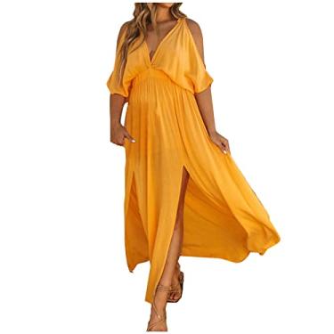 Imagem de Vestidos femininos curtos de manga 1/2 sino, vestidos de praia com gola V profunda, J-479 Amarelo Mostarda, GG